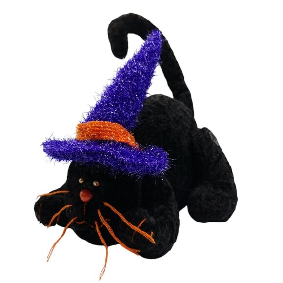Halloween Black Cat Plush With Purple & Orange Witch Hat Posable Tail - Picture 4 of 16
